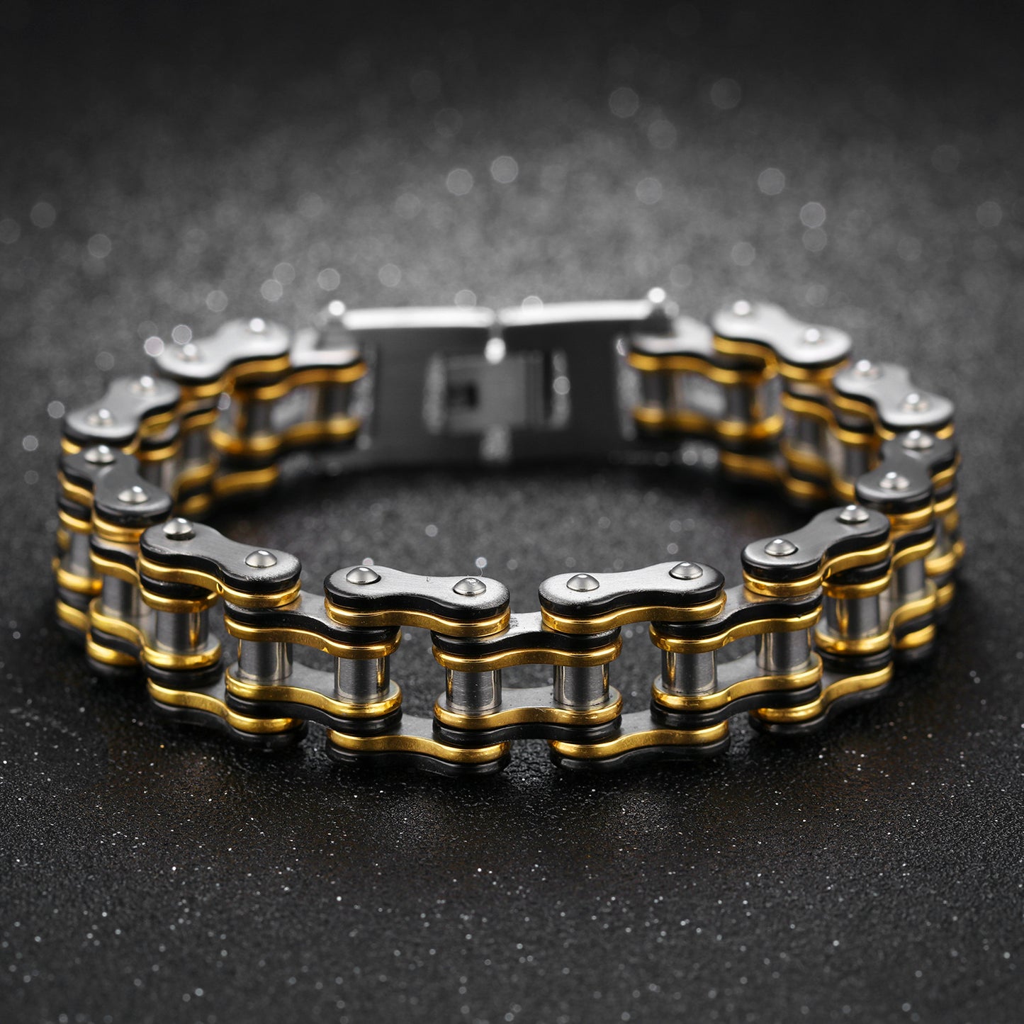 ~BRACELET~ Mens Black and Gold Bicycle Chain Bracelet