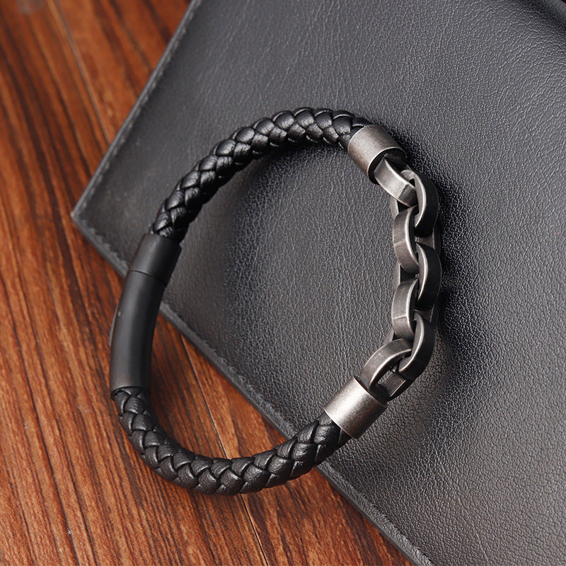 ~BRACELET~ Mens Woven Leather Linked Chain Bracelet