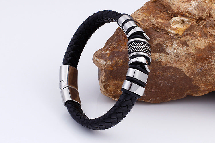 ~BRACELET~ Mens Woven Leather and Stainless Steel Bracelet