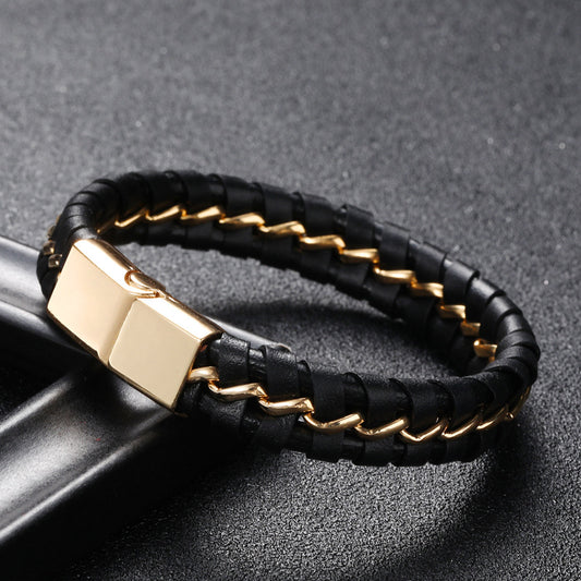 ~BRACELET~ Mens Woven Leather with Gold Accent Bracelet
