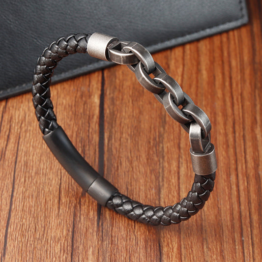 ~BRACELET~ Mens Woven Leather Linked Chain Bracelet