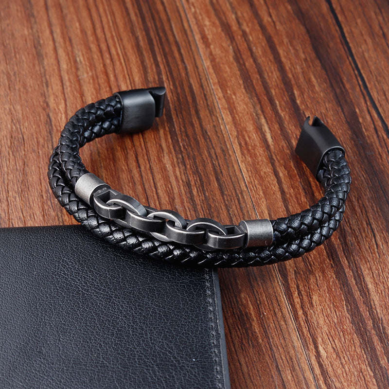 ~BRACELET~ Mens Woven Leather Linked Chain Bracelet