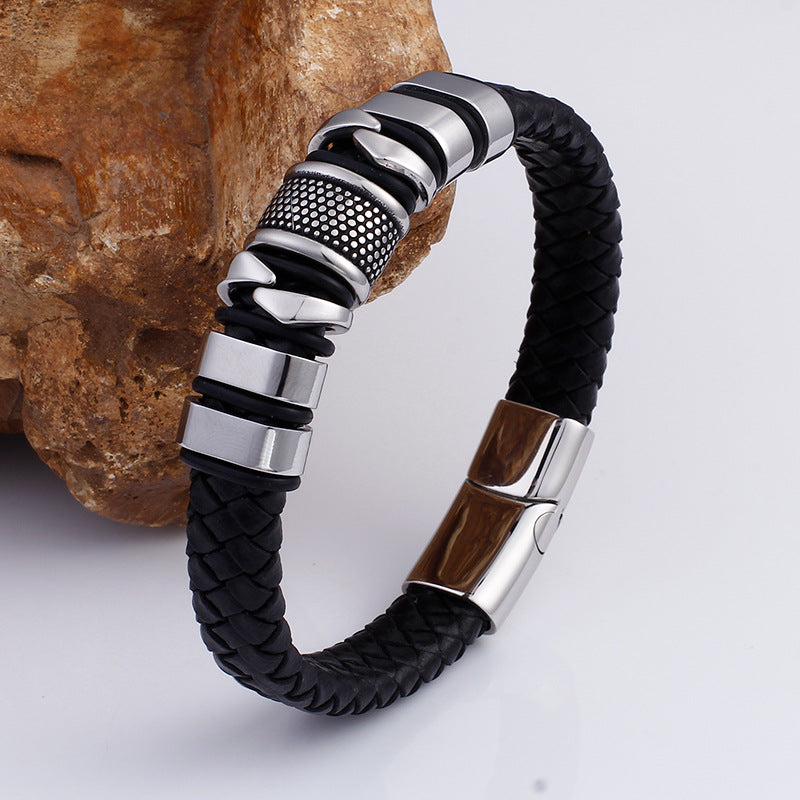 ~BRACELET~ Mens Woven Leather and Stainless Steel Bracelet