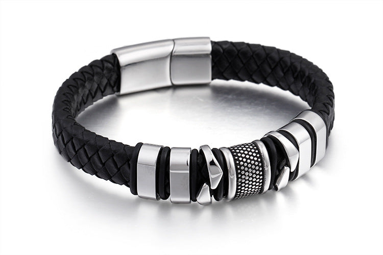 ~BRACELET~ Mens Woven Leather and Stainless Steel Bracelet